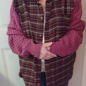 upcycled Maroon Flannel with Sweater sleeves